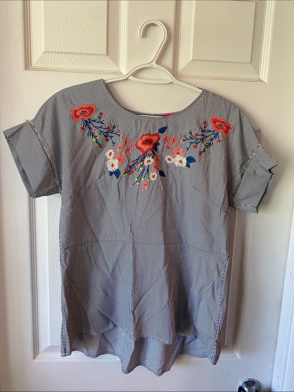 Sunny Leigh Striped Tunic with Coral & Navy Floral Embroidery